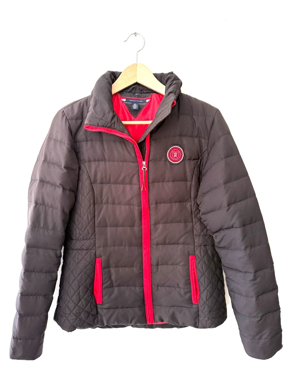 Tommy Hilfiger Down Puffer Jacket Coat Black Red S Preppy Collegiate Varsity